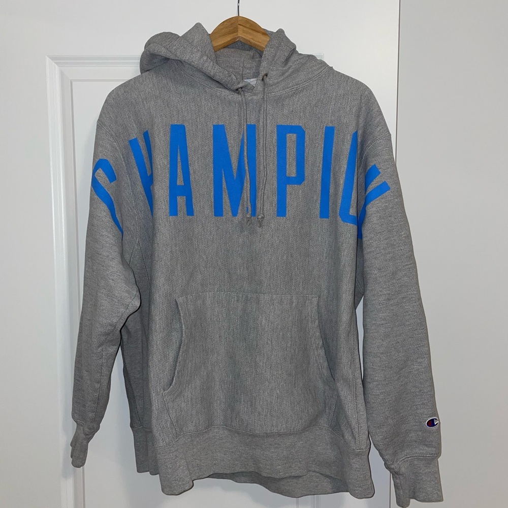 Champion Heather Gray Hoodie with Vibrant Blue Logo